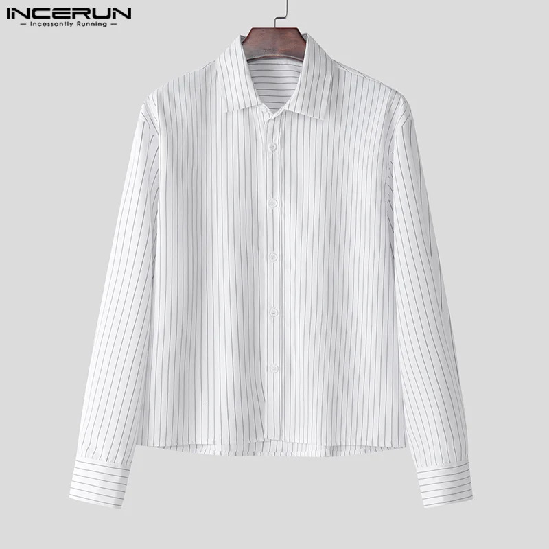 INCERUN Tops Korean Style Mens Casual Simple Striped Cropped Shirt Fashion Streetwear Male Selling Long Sleeved Blouse 250224