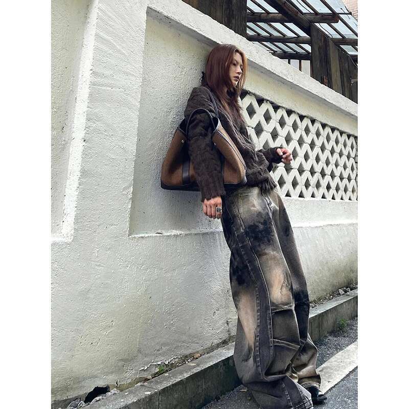 MDNG American Vintage Waist Printting Jeans Women Casual 2000S Washed Pants Baggy Y2k Wide Leg Grunge High Street Denim Trouser