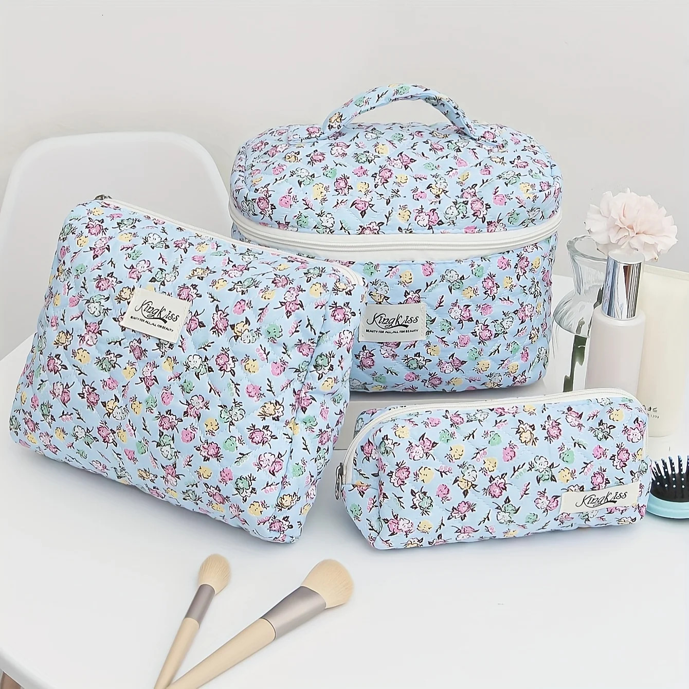 3pcs Large Capacity Quilted Makeup BagTravel Coquette Cosmetic Bag Aesthetic Cute Floral Toiletry Organizer Skincare Bag 250221