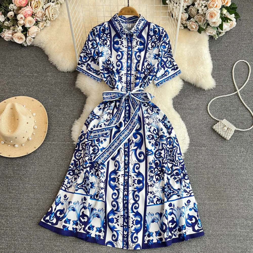 Summer Holiday Floral Midi Dress Shirt Women Blue White Porcelain Print Vestidos Female Short Sleeve Single Breasted Robe250222