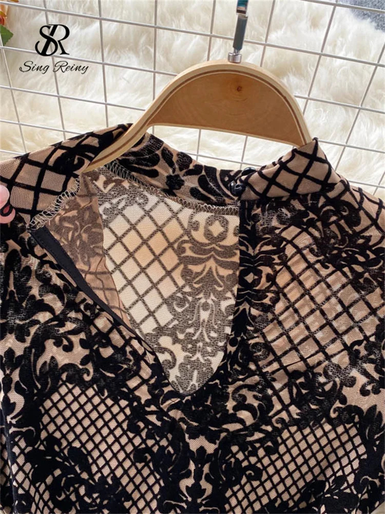 SINGREINY Fashion Women Velvet Slim Playsuits Long Sleeves Vintage Bodycon Rompers Streetwear Y2K Ins Chic Mesh Sexy Bodysuits 250225