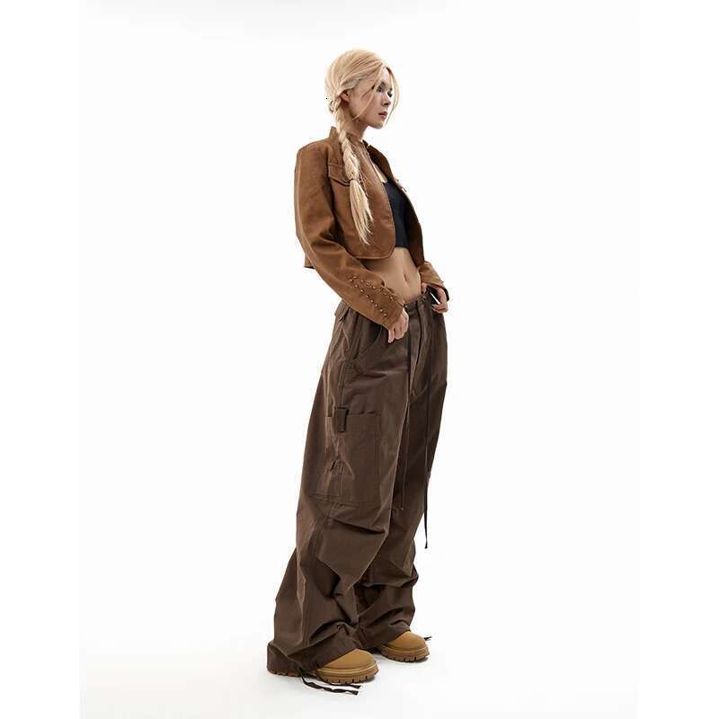 Deeptown Vintage Parachute Pants Women Y2k Streetwear Oversized Brown Trousers Korean Style Cargo Joggers Hippie Haruku Grunge