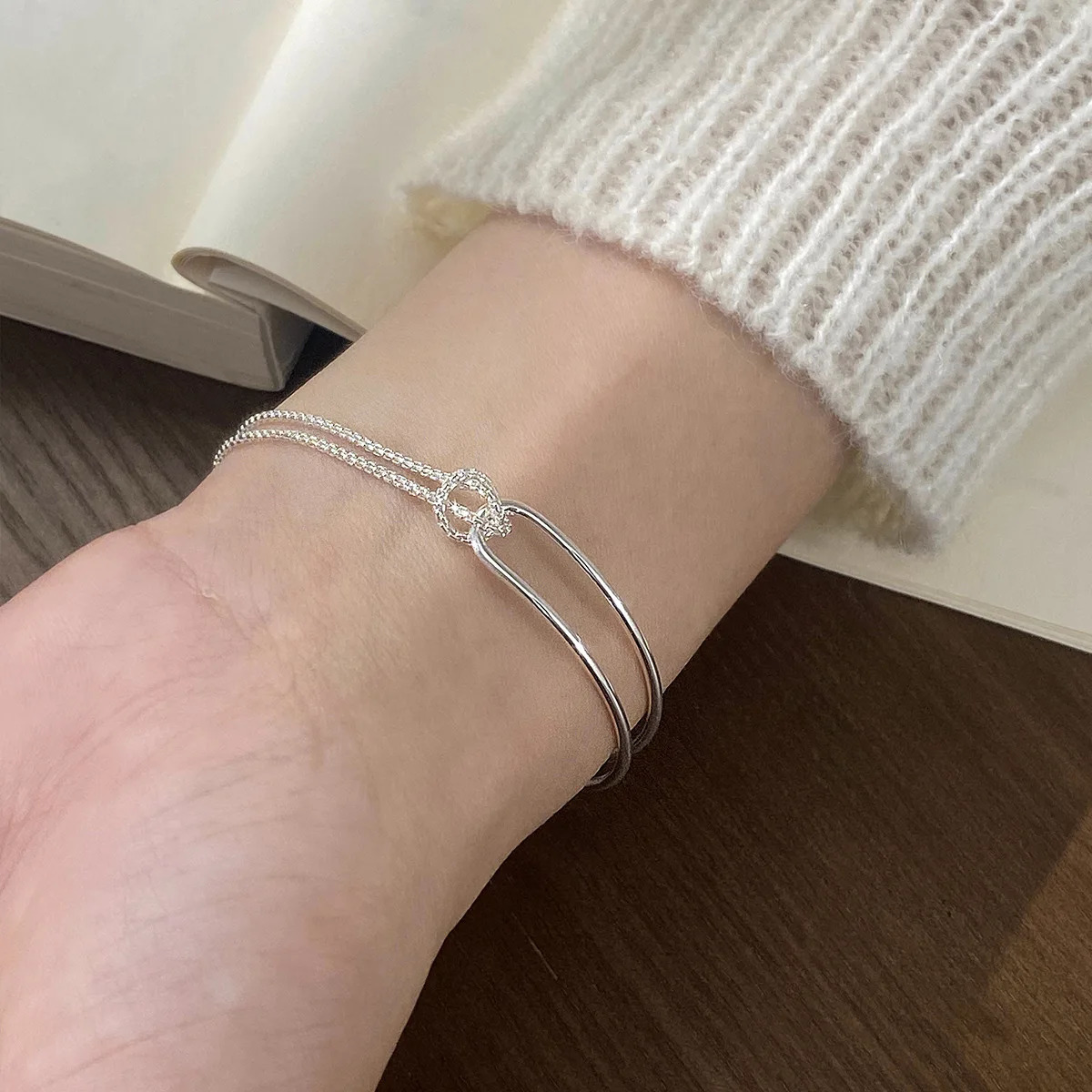 16cm-17cm Womens Silver 925 Bracelet Double Chain Bracelet Womens Gift Knot Bracelet 925 Silver Layer Bracelet 250226