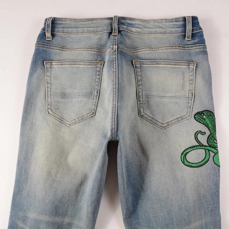 Men's Jeans Light Blue Embroidered Snake Patchwork High Street Stretch Distressed Slim Fit Ripped Men