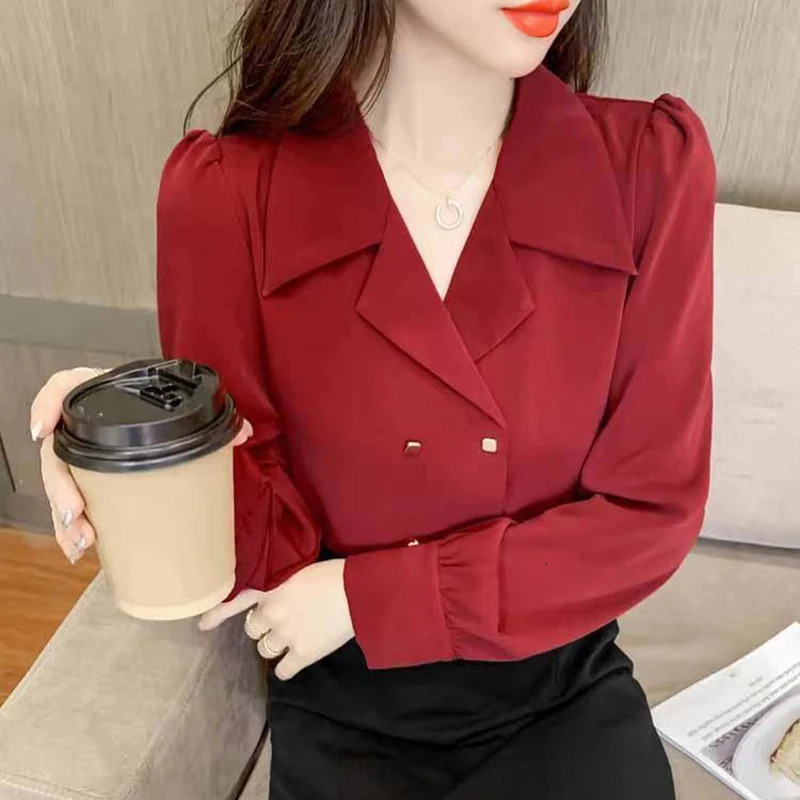 Double Breasted French Turn Down Collar Long-sleeve Solid Top Office Lady Shirt And Blouses Casual Woman Clothing Simple Elegant 250226