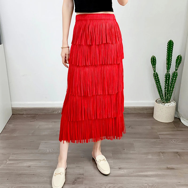 Qooth Women Casual Tassel Pleated Skirt Elegant Elastic Waist A-line Long Skirt For All Season QT2140 250225