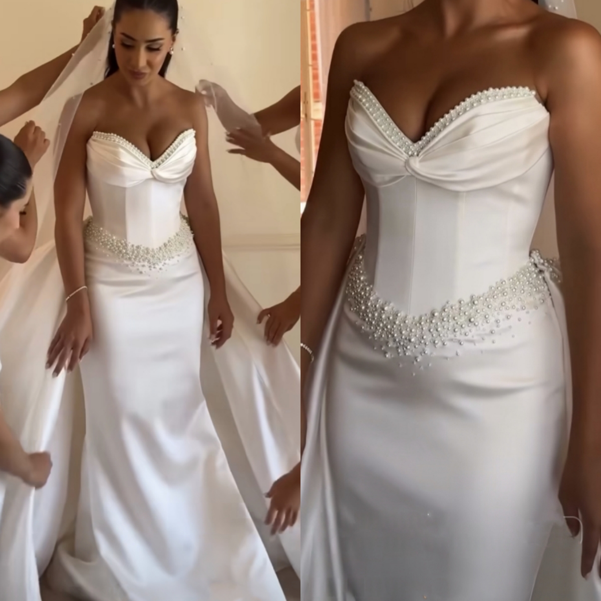 Elegant Pearls Beaded White Mermaid Wedding Dresses With Detachable Train Sweetheart Satin Princess Bridal Gown Customized Vestdio De Novia 2025