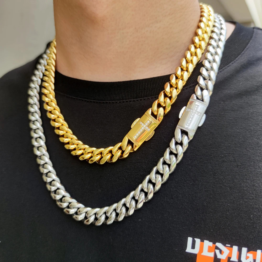 NUOYA Hiphop Gold Necklace Iced Clasp Cuban Link Chain Stainless Steel 18K Gold Plated Jewelry Necklace 250225