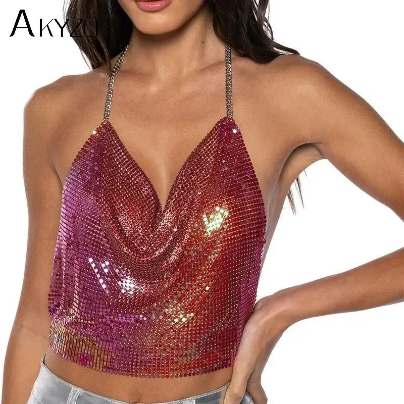 Sexy Metal Sequins Tank Top For Women Summer V Neck Backless Crop Tops Solid Short Party Nightclub Tank Tops 250225