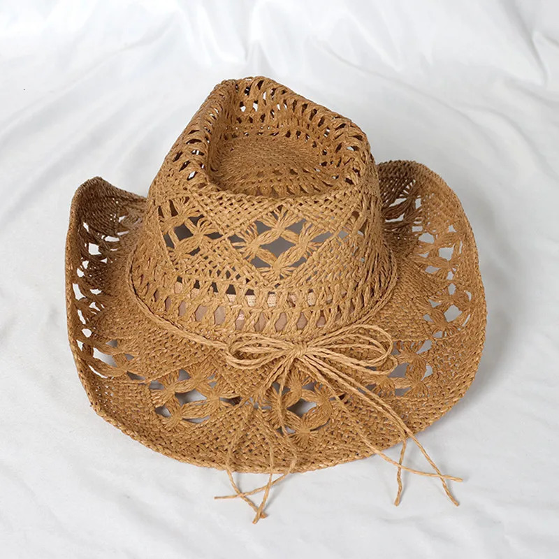Cowboy hat fashion hollow handmade cowboy straw hat mens summer outdoor travel beach hat unisex solid color western cowboy hat 250218