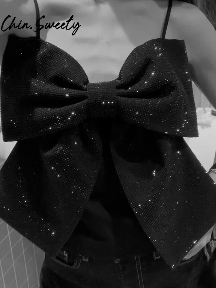 Sweet Sequined Bow Women Sling Top Sexy Sleeveless Backless Pleated Zippers Female Tank Tops 2025 Spring Lady Streetwear 250225