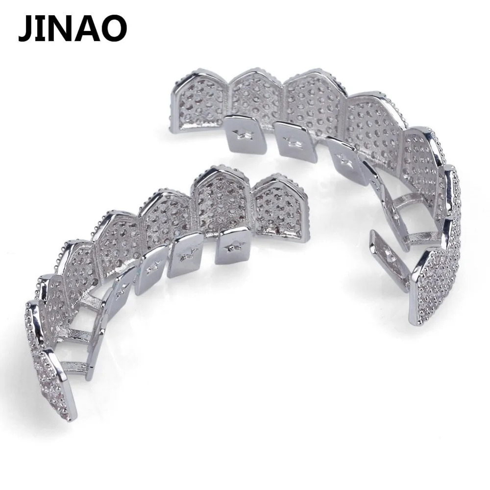 JINAO Gold Silver-Color Iced Out Gold Crystal Jewelry Top Bottom Grills Teeth Body Jewelry Hip Hop Bling Cubic Zircon 250220