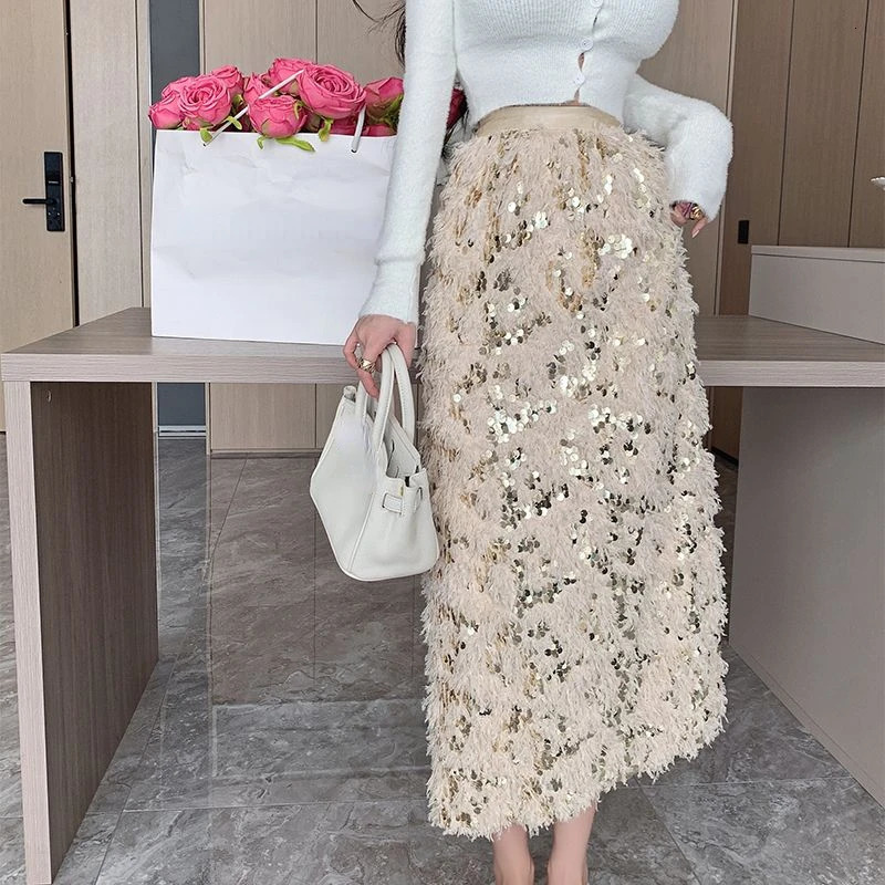 A Line Jupe Heavy Industry Sequin Tassel Feather Skirts Black Vintage Office Lady Women Skirt Faldas Mujer Moda 2025 Long 250225