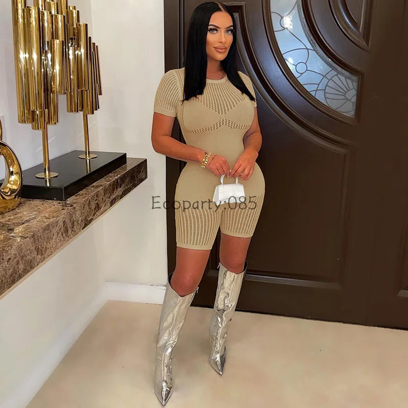 Summer Women Sexy Hollow Package Hip Tight Knitted High-waisted One Piece For Female Casual Shorts Sport Romper 250225