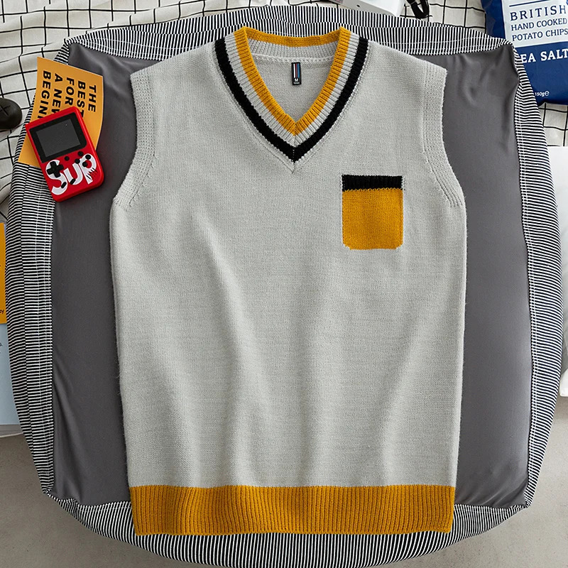 Mens Preparatory Style Sweater Tank Top Vneck Sleeveless Classic Suitable for Campus Zipper Fashion 250225