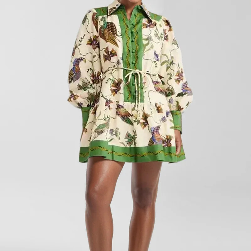 Elegant Womens Long-sleeved Lapel Button Shirt Mini Dresses Spring Summer Female Fashion Printed Lace-up Ruffled A-line Dress 250225