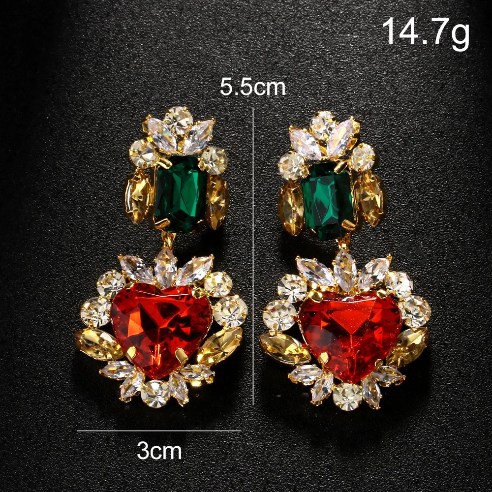 Stonefans Greeen and Red Crystal Heart Dangle Earrings for Women Statement Large Earrings Multicolour Bridal Wedding Ear Jewelry 250225