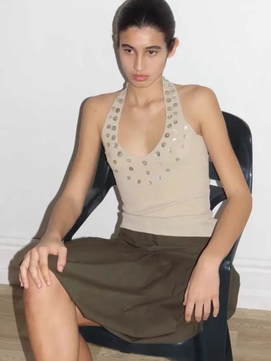 Spanish irregular mother of pearl sequin decorative thread knitted hanging neck vest top for women 250225