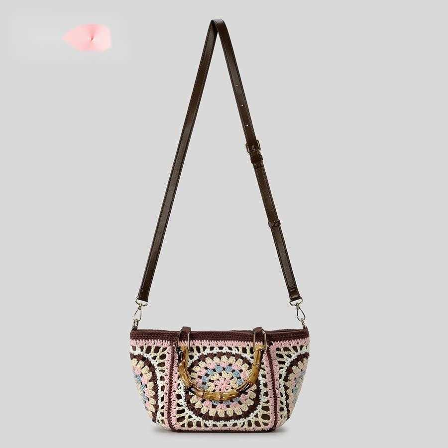 Grandmother Bohemian handbag handmade crochet flower bamboo handle handbag ethnic style single shoulder crossbody bag 250215