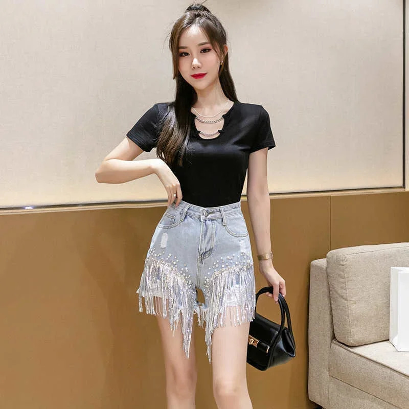 Womens Summer Denim Shorts Y2k Elegant Fashion High Waist Diamond Studded Rhinestones Sequin Jean Pants for Ladies 250226