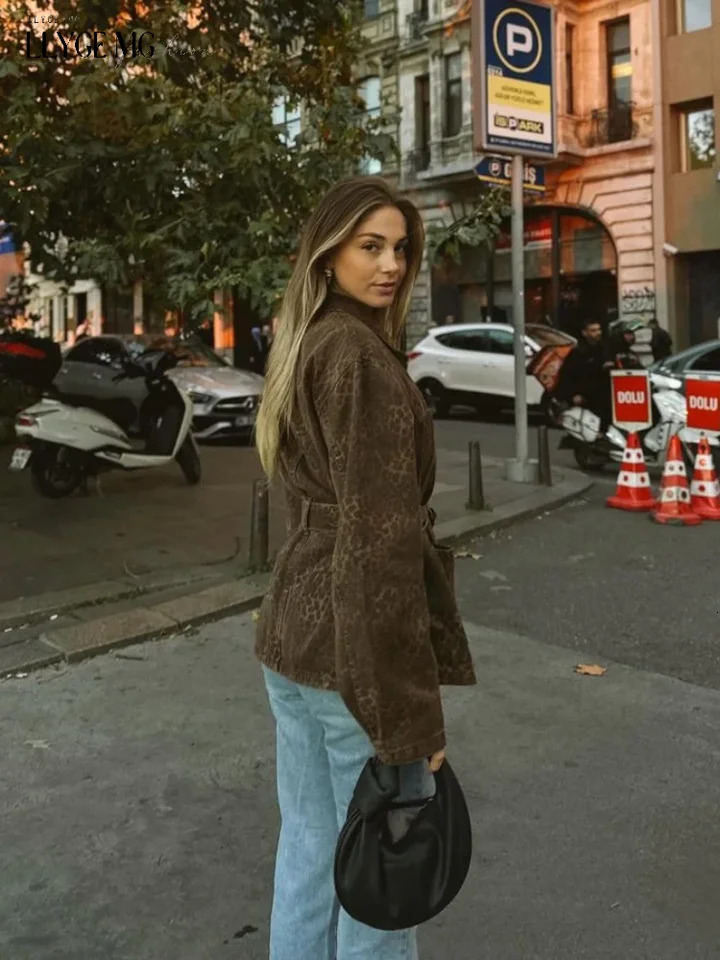 Leopard Jacket Women Lace up Lapel Autumn Coffee Print Womens Shirts Pockets Loose Casual Outerwears Female High Street Hipster 250225