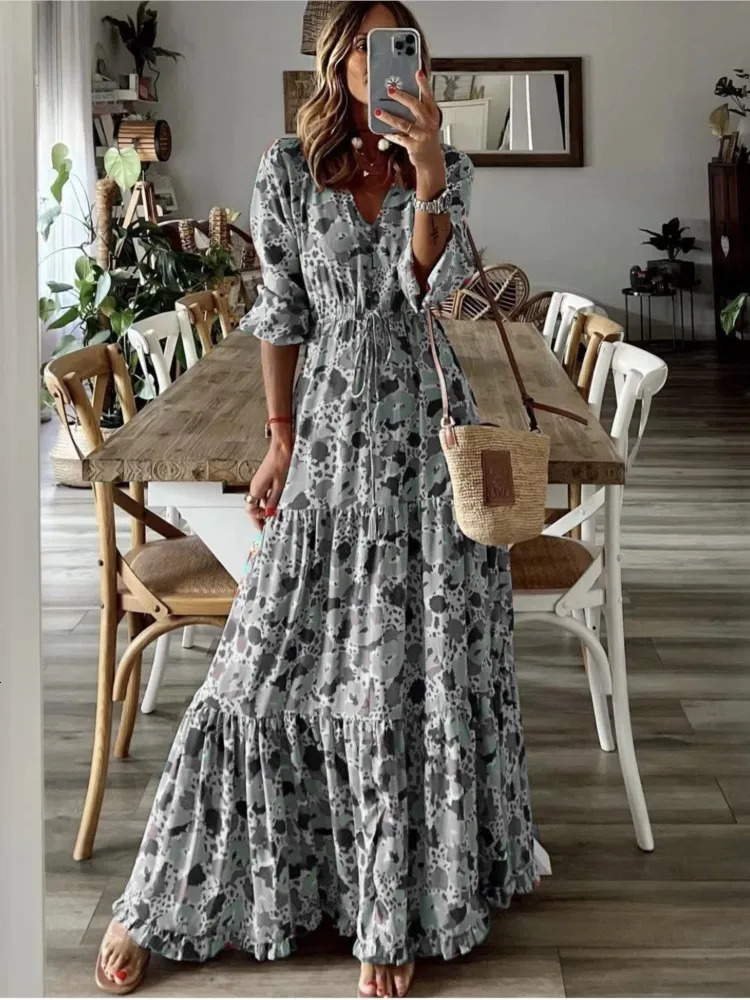 Spring Autumn Flower Print Long Dresses For Women Casual Holiday A-line Beach Dress Fashion Elegant Bohemian Style Maxi Vestidos 250225