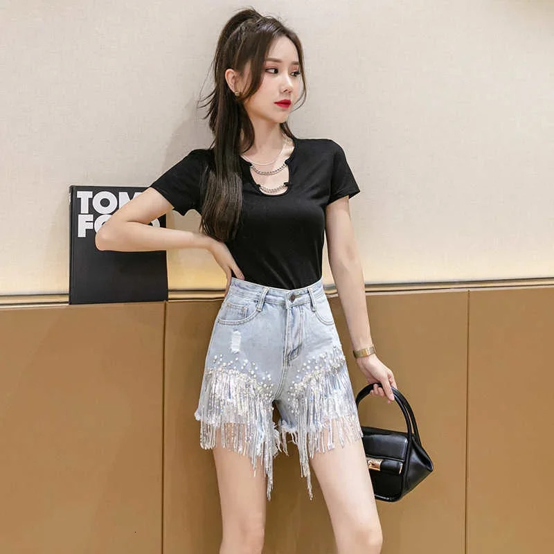 Womens Summer Denim Shorts Y2k Elegant Fashion High Waist Diamond Studded Rhinestones Sequin Jean Pants for Ladies 250226