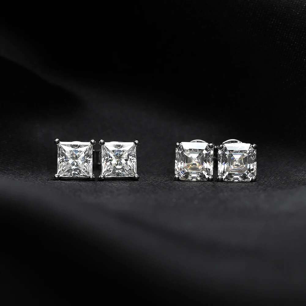 1carat Sqaure Shape Moissanite Stud Earrings for Women Men Asscher Princess Cut Earring Sier Dia Ear Studs