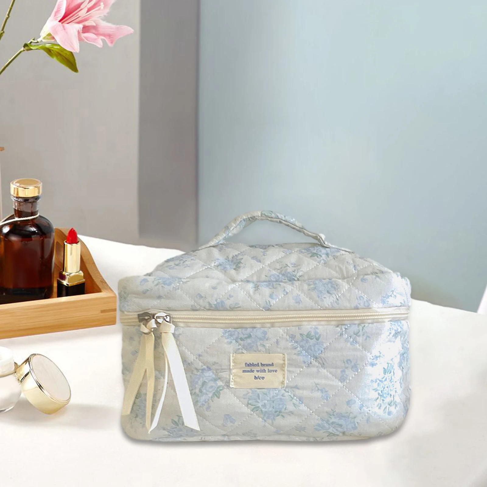 Aesthetic Floral Cosmetic Toiletry Organizer Bag with Handle for Girlfriends Ladies Valentines Day Anniversary Gifts Blue Rose 250221