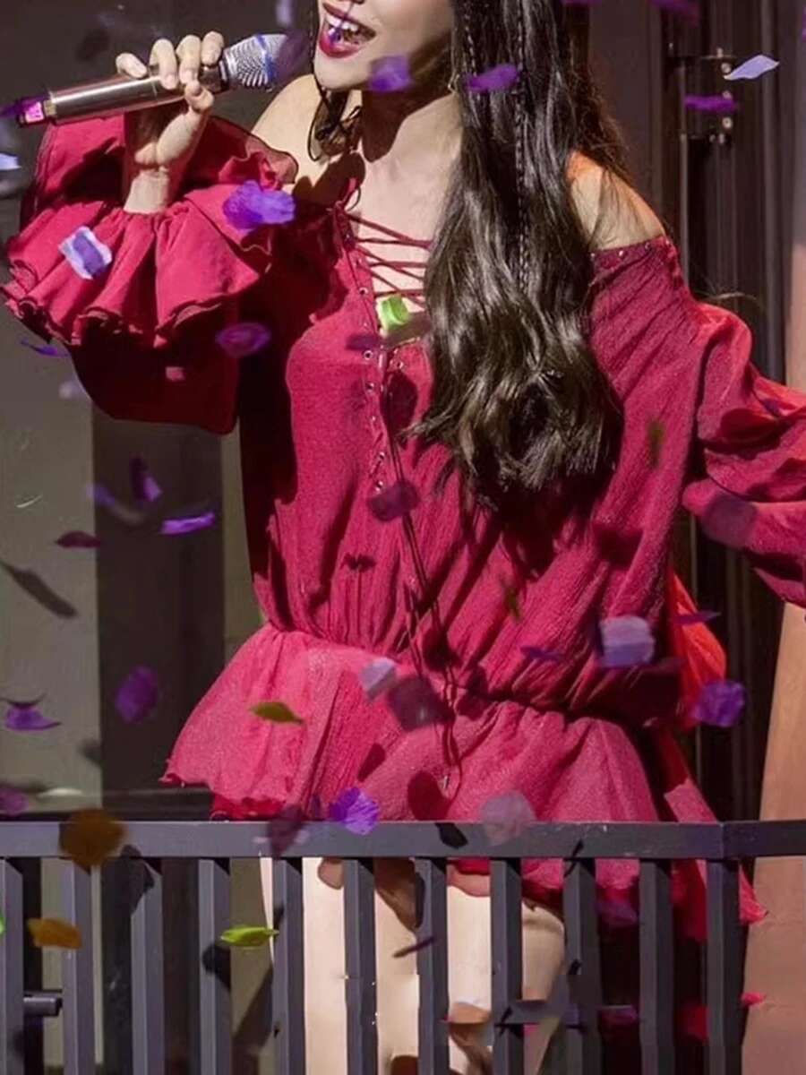 Solid Lace Up Loose Dresses For Women Slash Neck Long Sleeve High Waist Designer Mini Dress Female Fashion Style