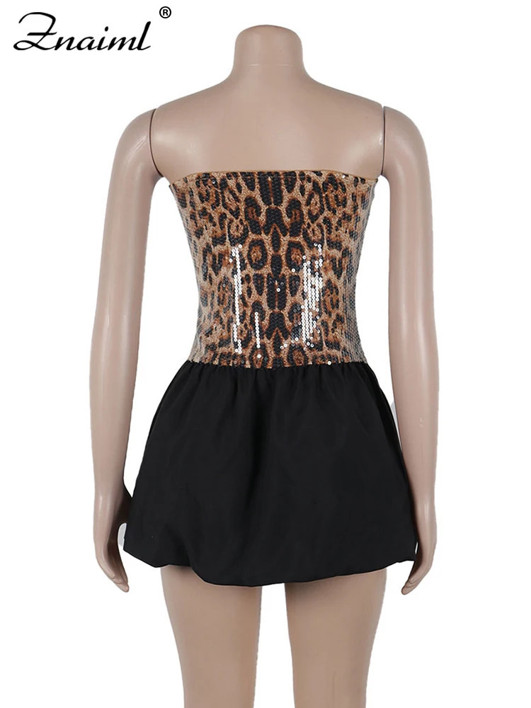 Znaiml Sexy Leopard Print Sequins Patchwork A-line Mini Dresses Woman Off Shoulder Tube Strapless Prom Night Club Short Dress 250225
