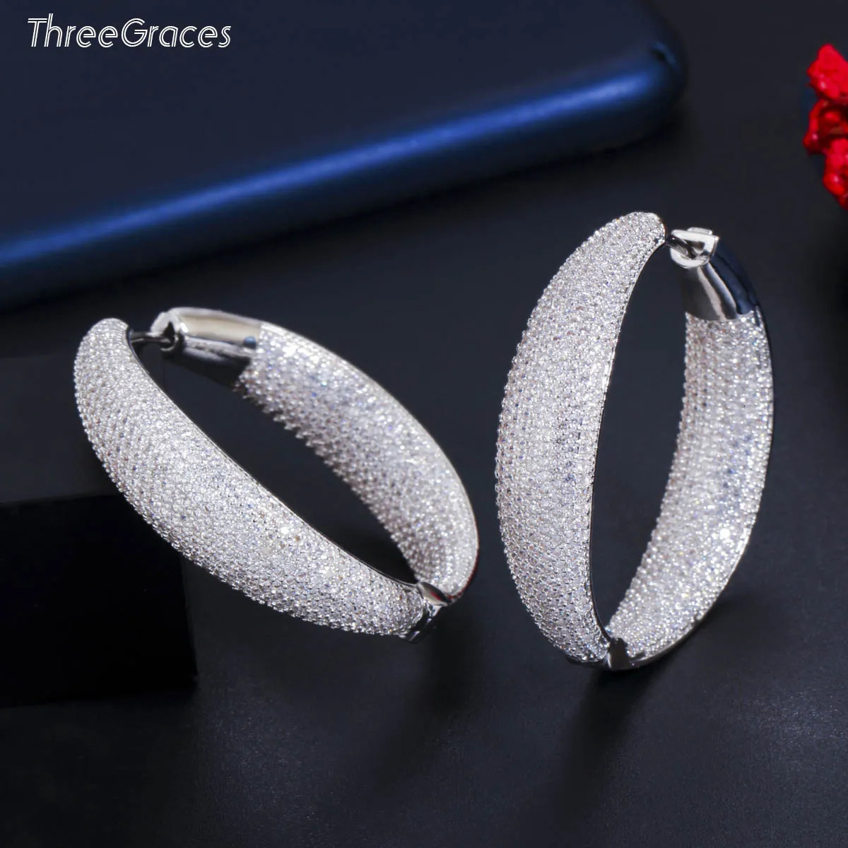 ThreeGraces Fashion Shiny Micro Pave CZ Crystal Silver Color Big Round Hoop Earrings for Women Chic Wedding Party Jewelry ER533 250226
