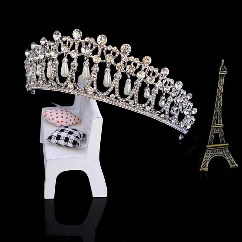 Vintage Silver Plated Queen Princess Diana Crown Crystal Pearl Diadem For Bridal Hair Accessories Bride Headbands Tiara De Noiva 250225