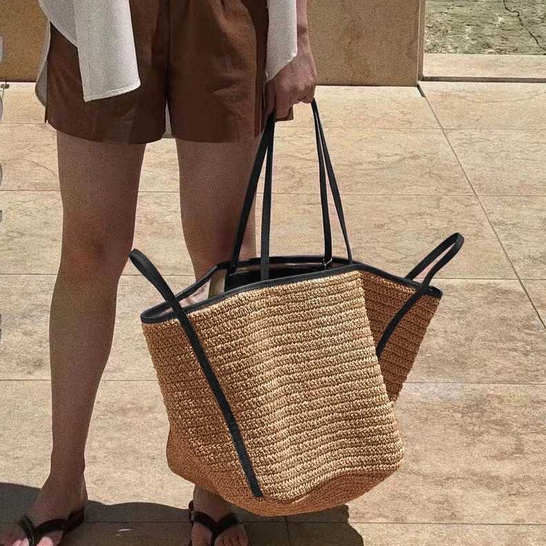 leather shoulder strap contrasting woven bag, women's large capacity seaside vacation style woven bag, summer grass woven bag 250215