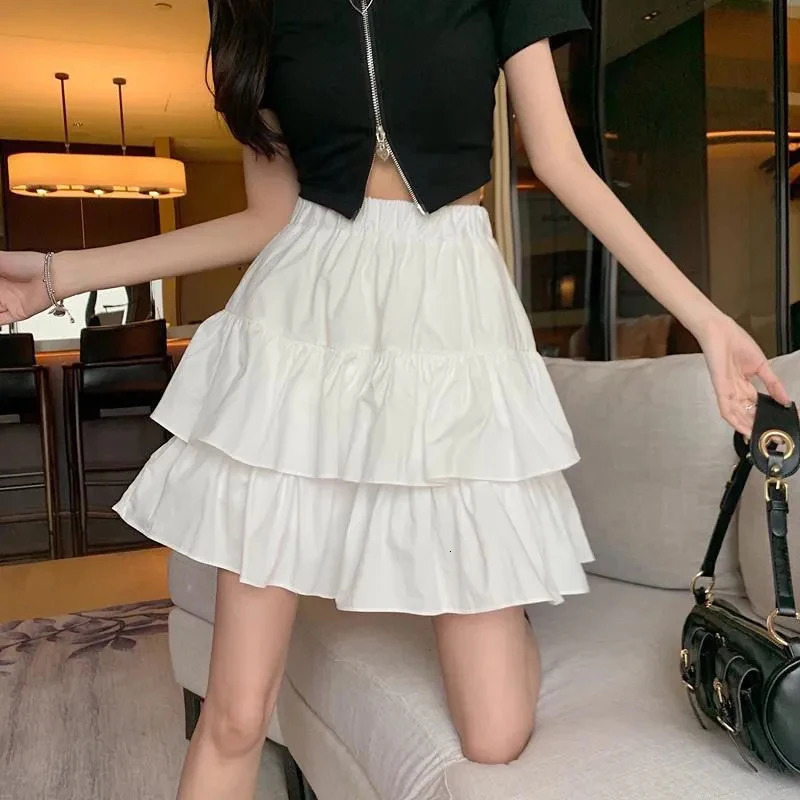 Pleated A-Line Skirt Women White Ruffle Sweet Tierred Pretty Style Skirt Elastic Waist Summer Slim Basic Korean Harajuku Dress 250226