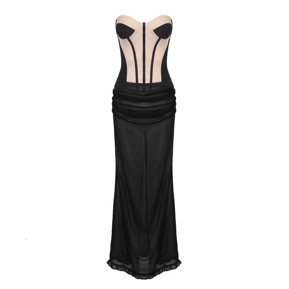 Women's Dress New Fashion Design Apricot Mesh Short Sleeve Black Chiffon Long Dress Two Piece Set