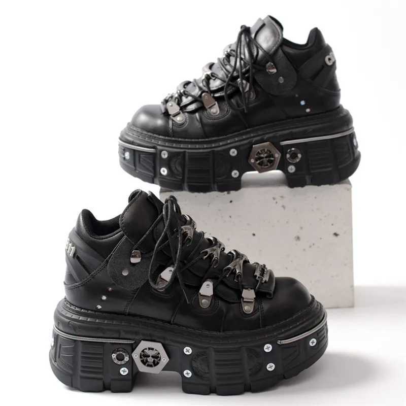 Fashion Women Punk Platform Shoes for Womans Lace-Up Round Toe Metal Decoration Thin Heels Sneakers Gothic Party Nightclub ShoeC250225