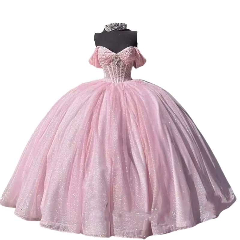 Glitter Pink Ball Gown Quinceanera Dresses Pearls Beaded Sweetheart Off Shoulder Floor Length Prom Occasion Dress Corset Vestdio De 15 Xv Anos