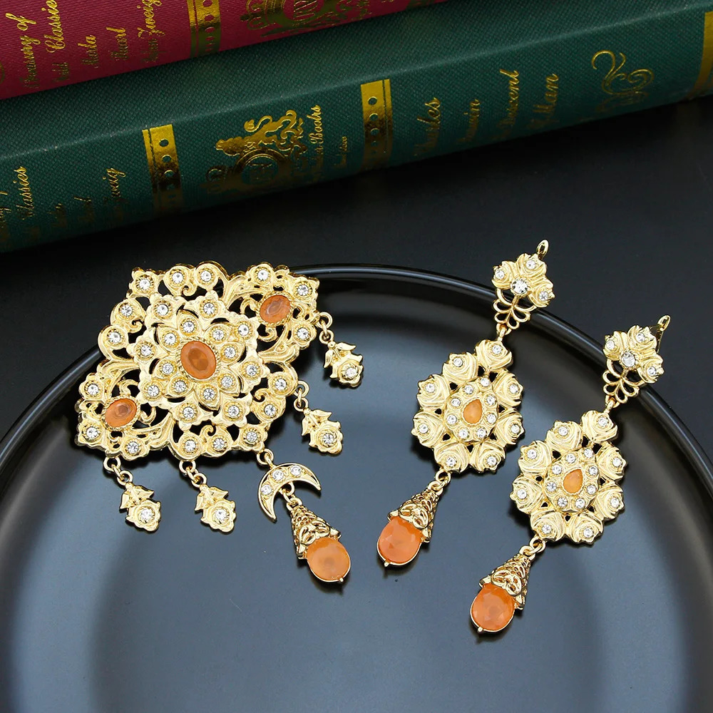 Neovisson Fashion Style Morocco Brooch Earring Bride Jewelry Sets For Women Orange Crystal Gold Color Brooch Earring Gift 250225