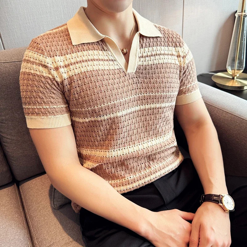 Men Knitted Polo Shirt 2024 Summer Thin Striped Jacquard Patchwork Color Short Sleeved Casual V-neck T-shirt Men Clothing 250225