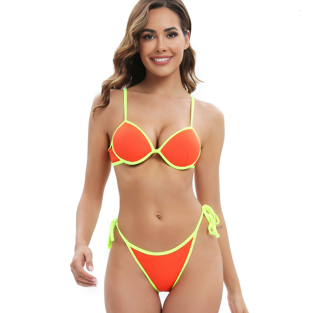 sexy Swimwear women's high-end striped pit fabric designer bikini strap orange sports small chest gathered steel support looks slim