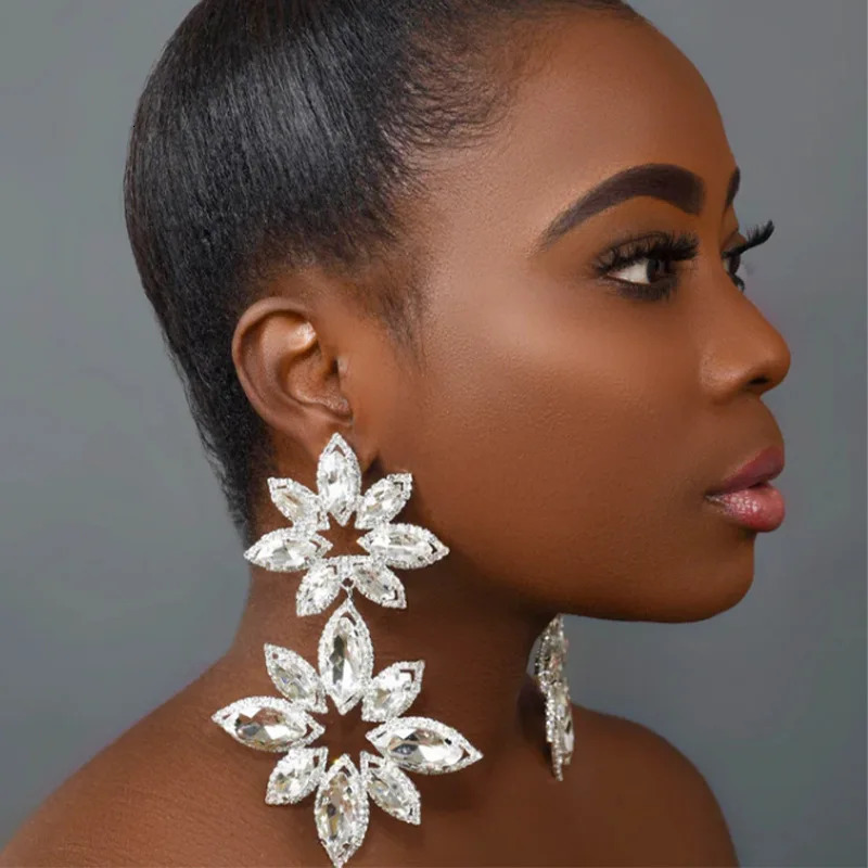 Pageant Statement Jewelry Silver Gold Color Long Big AB Crystal Rhinestone Flower Dangle Chandelier Earrings for Women 250225