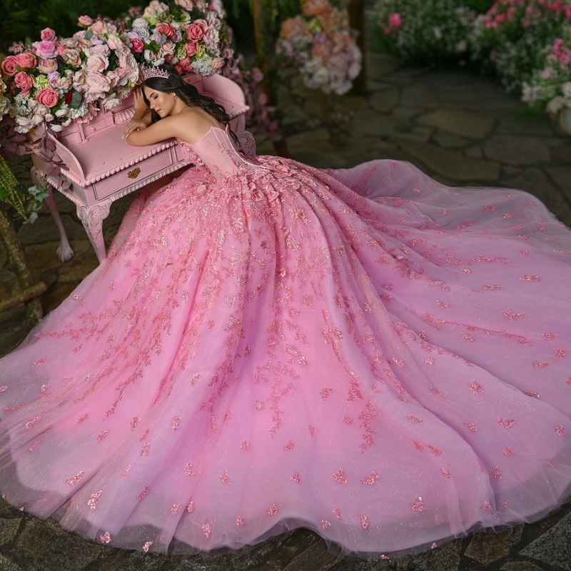 Pink Shiny Quinceanera Dresses Ball Gown Off Shoulder Sequin Applique Bow Beading Crystal Tull Corset Sweet 16 Dress Vestidos 15 De Anos