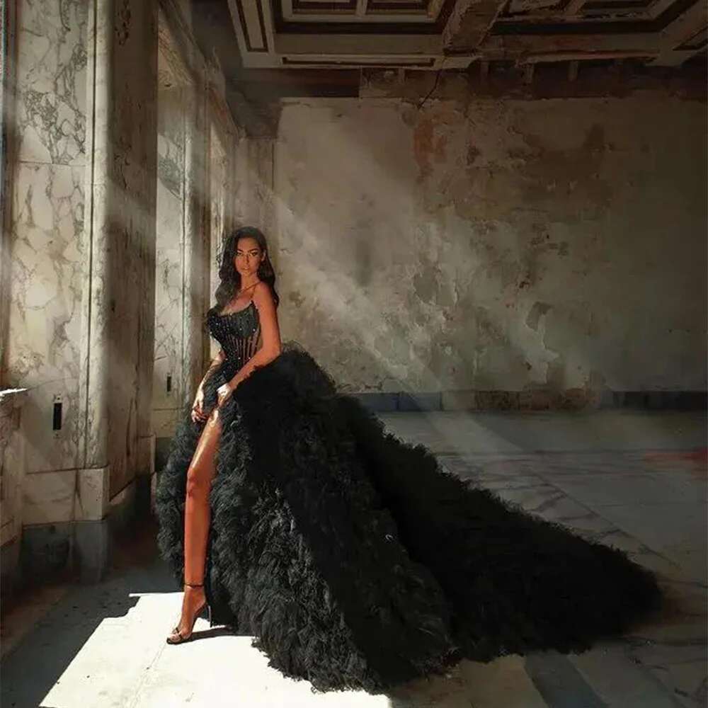 the Black Fashion Sleeveless Evening Layered Pleated Beaded Ball Gowns High Division Cute Bright Stylish Party Dresses