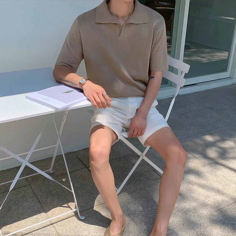 Mens Light Leisure Solid Color V-Neck Knitted Polo Shirt Short Sleeve T-Shirt for Men Breathable Fashion Knitwear 250225