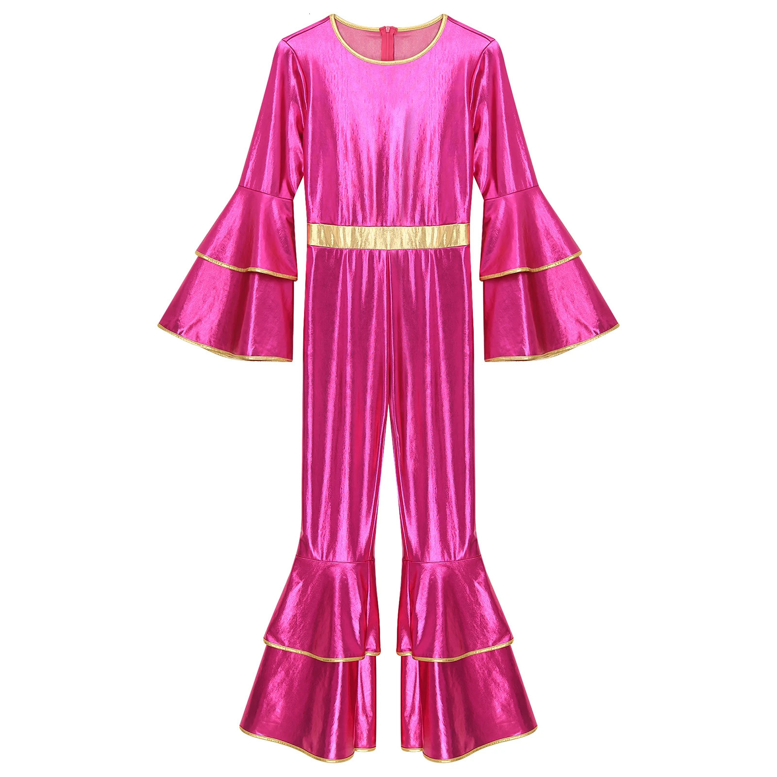 Womens 70S Disco Vintage Jumpsuit Metallic Shiny Flare Sleeve Bodysuit Hippie Bell Bottom Jazz Dance Carnival Rave Party Costume 250225