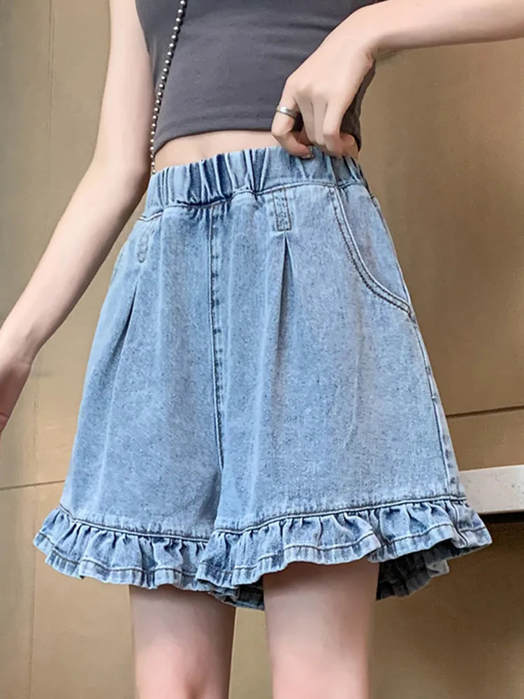 M-6XL Plus Size Denim Shorts Women Summer Korean Fashion Ruffles All Match High Waist Short Pants Jeans Female 250226