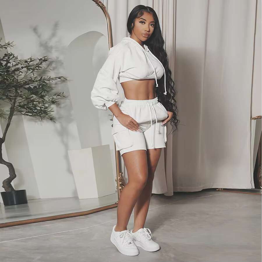 35062 Hood Pullover Hoodies Women's Sets Jogger Outfit 2 Piece Short Set