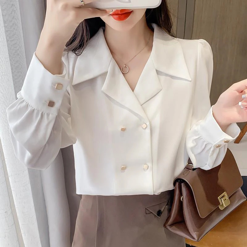 Double Breasted French Turn Down Collar Long-sleeve Solid Top Office Lady Shirt And Blouses Casual Woman Clothing Simple Elegant 250226