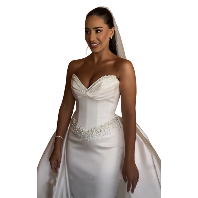 Elegant Pearls Beaded White Mermaid Wedding Dresses With Detachable Train Sweetheart Satin Princess Bridal Gown Customized Vestdio De Novia 2025